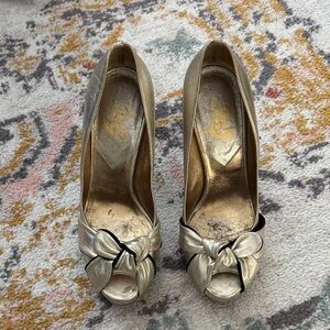 Dolce & Gabbana Gold Bow Peep-Toe Heels